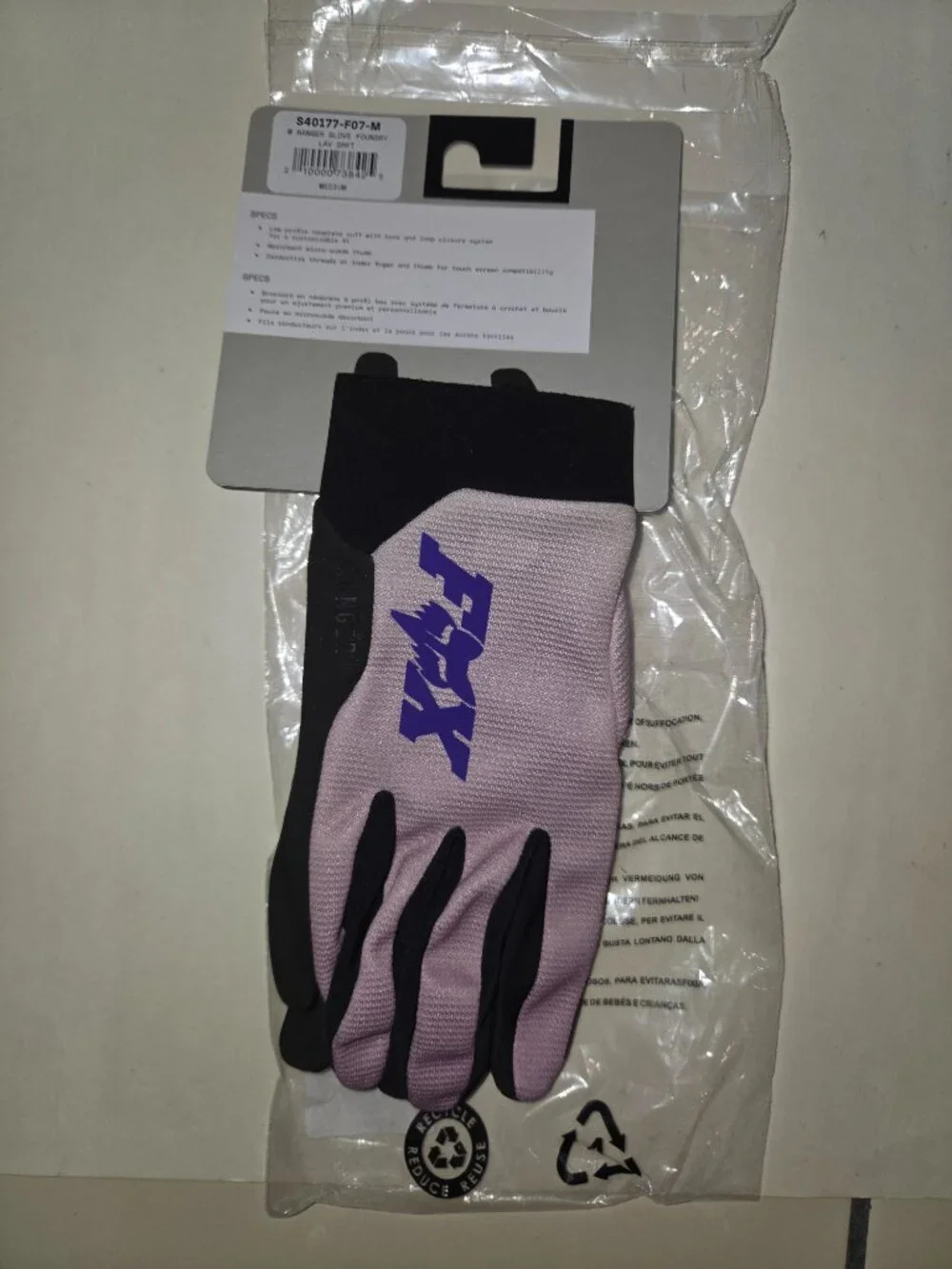 Fox Women's Ranger Glove Foundry Size M Lavender New w/tags Retail $39.95